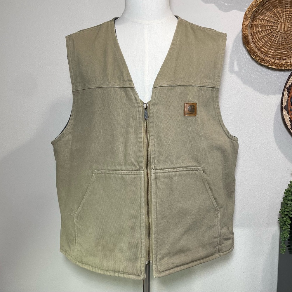 Vintage Carhartt V19 Tan Vest Canvas Sherpa Fleece Lined Work Outdoor Size XL